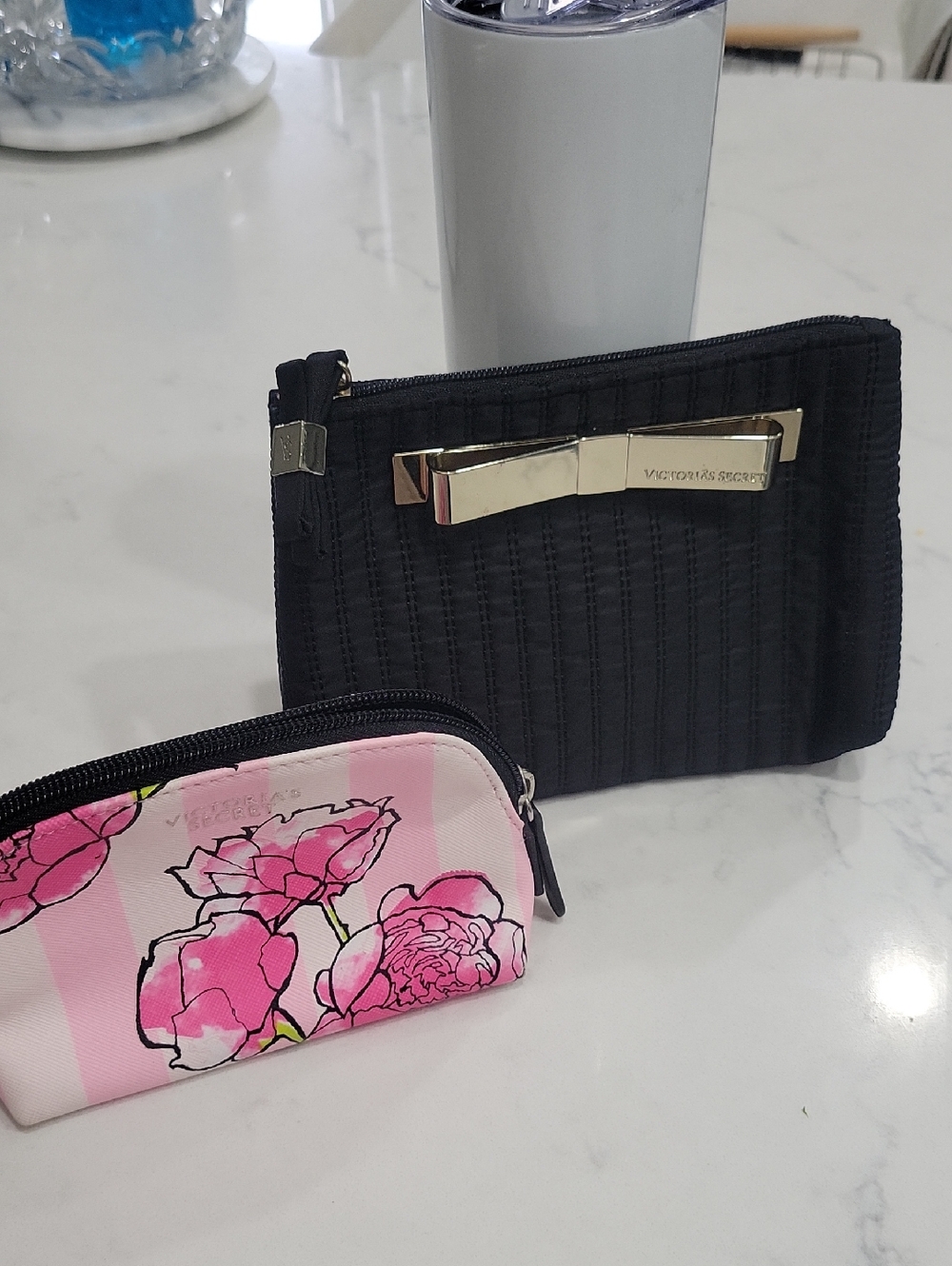 Victoria's Secret Black Quilted Zip Pouch with Gold Bow & Pink Mini Pouch